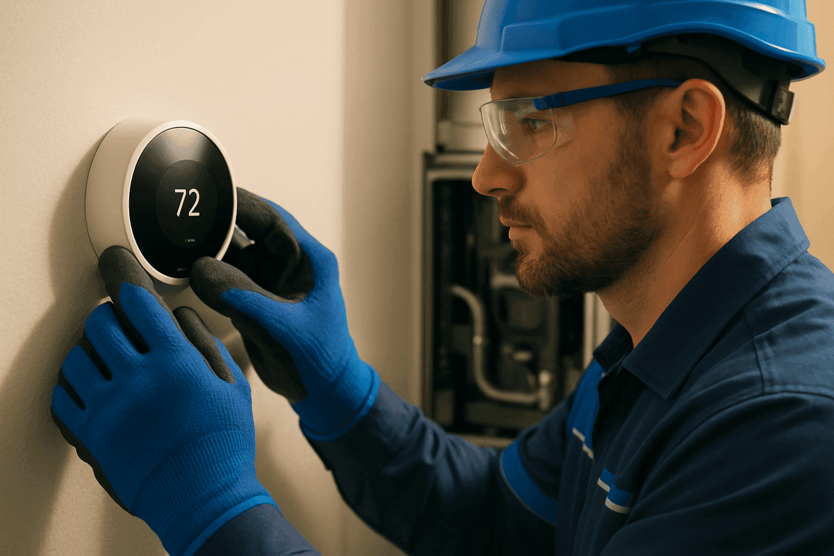 Close-up of HVAC technician’s gloved hands adjusting thermostat in home setting