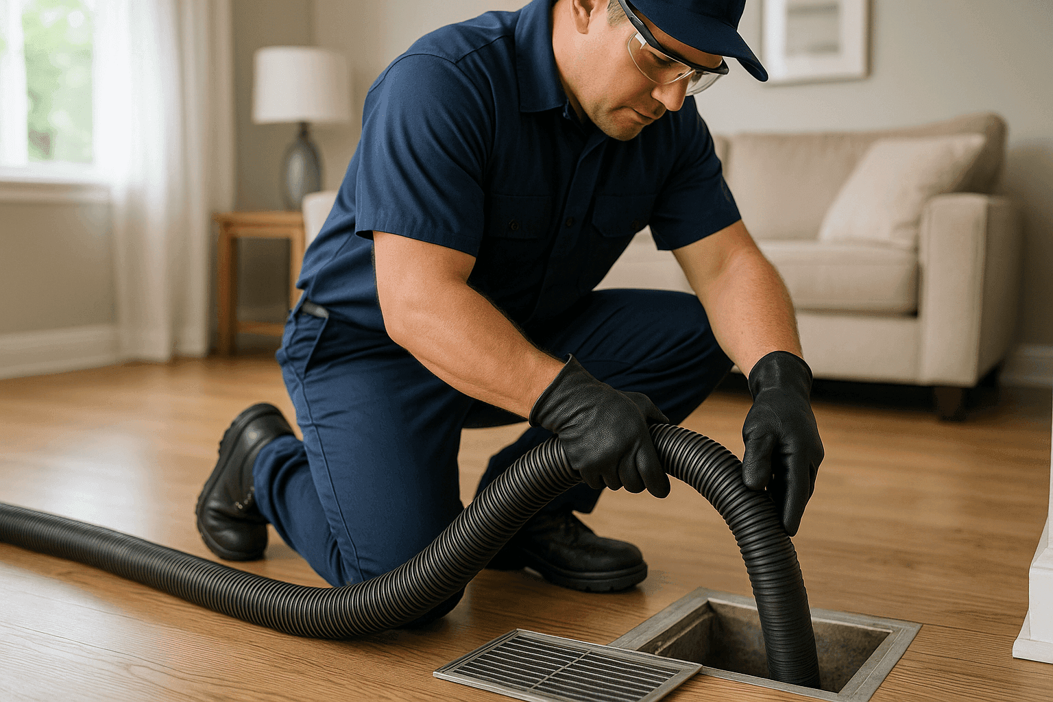 Technician vacuuming air duct in residential home