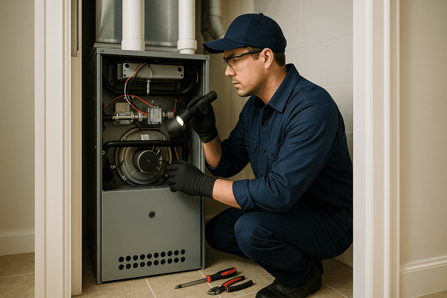 Technician checking residential furnace with flashlight
