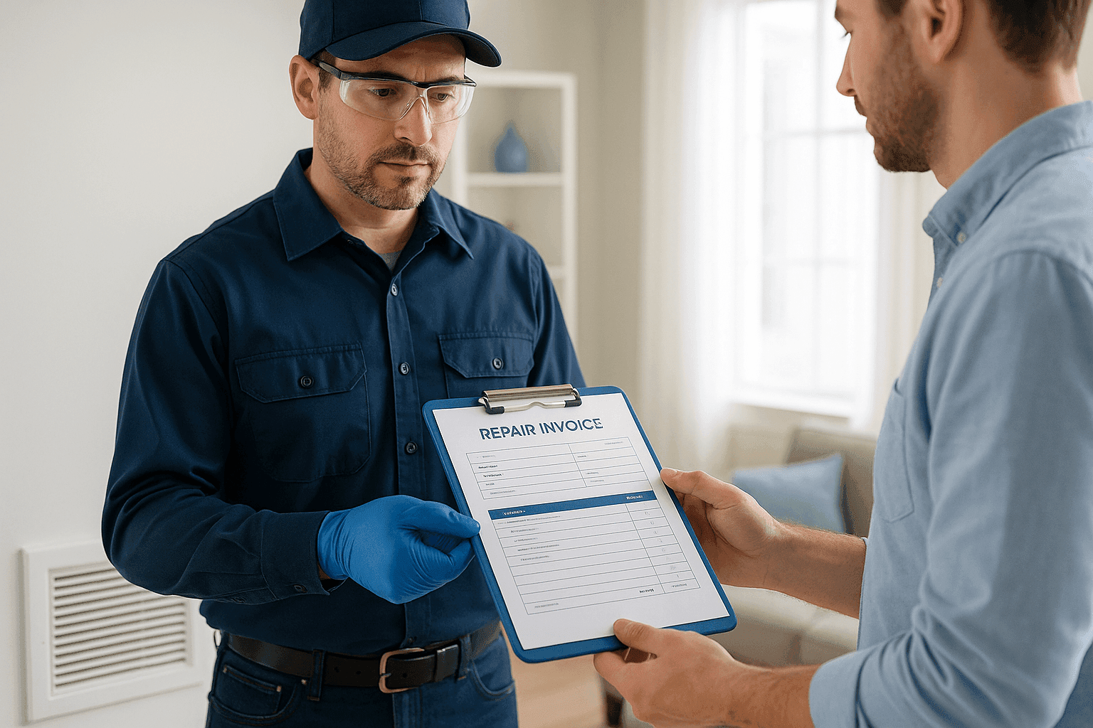 Technician reviewing HVAC repair invoice with homeowner