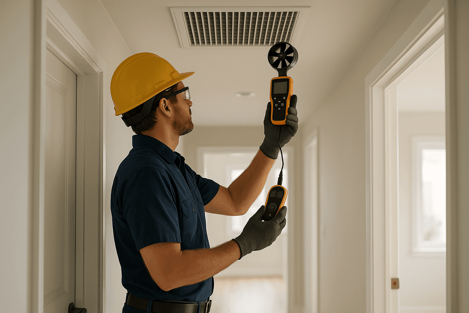 Technician measuring airflow at residential ceiling vent