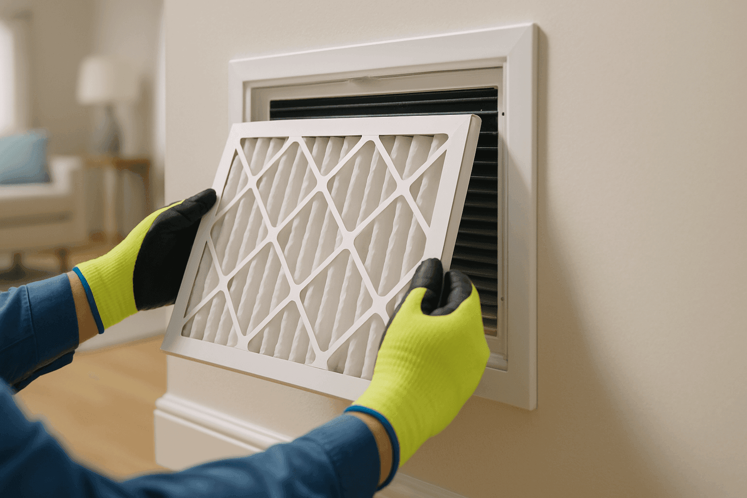 Clean HVAC filter being installed in home air vent