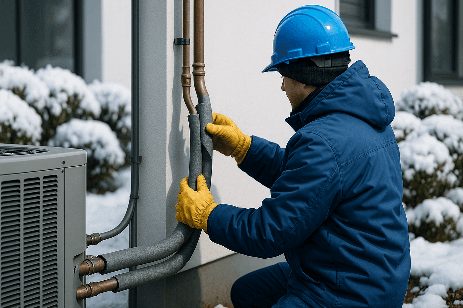 Technician wrapping HVAC pipes outside home for winter