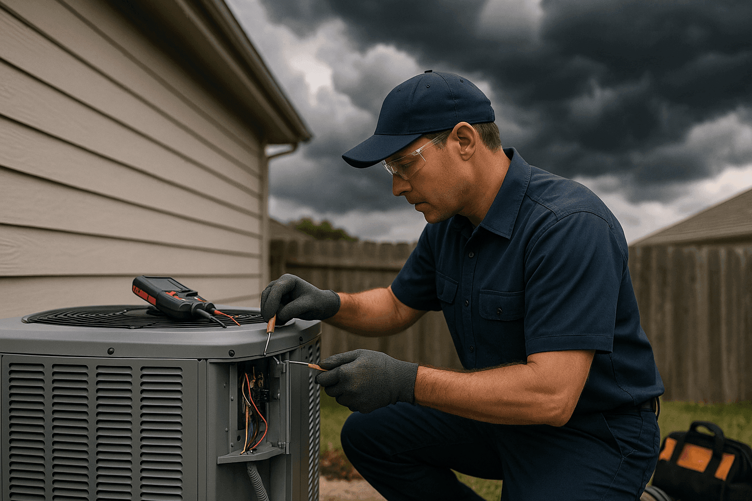 HVAC technician performing storm season maintenance on outdoor air conditioning unit