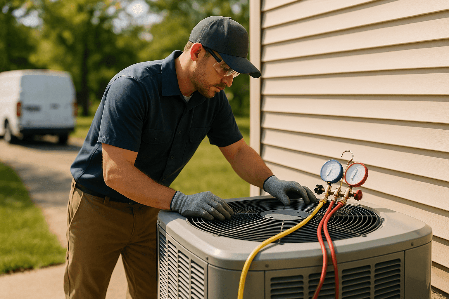 HVAC technician servicing outdoor air conditioning unit in summer