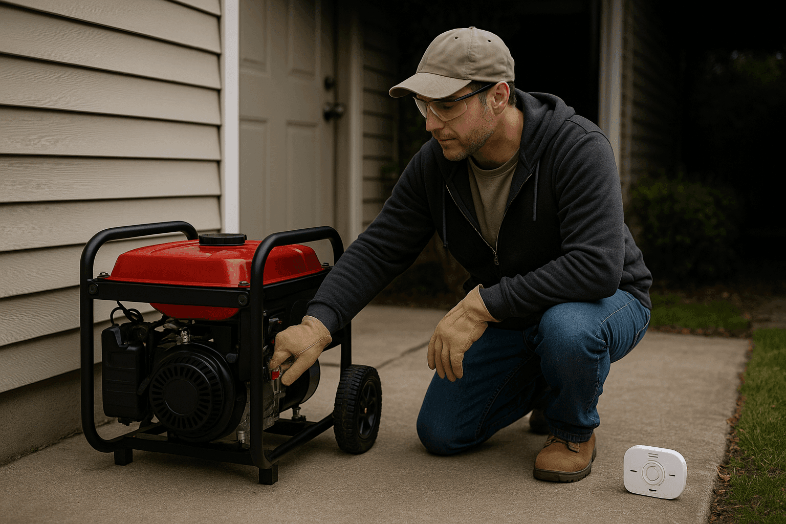 Homeowner safely using portable generator outdoors during power outage
