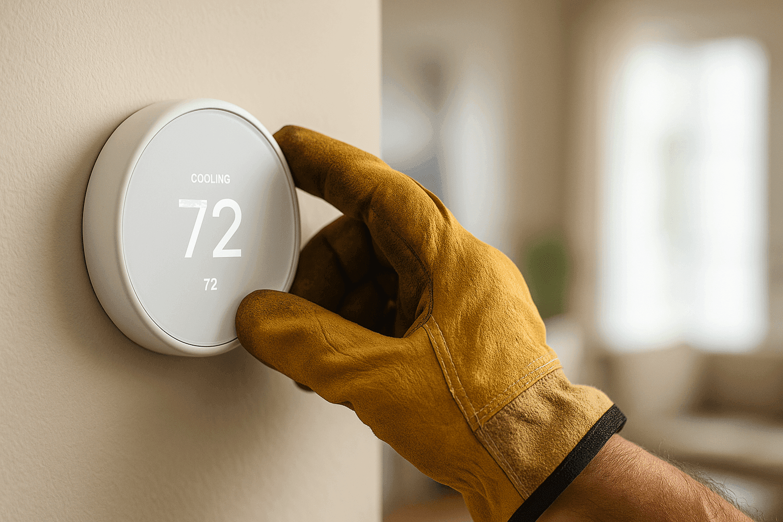 Close-up of homeowner adjusting programmable thermostat on wall