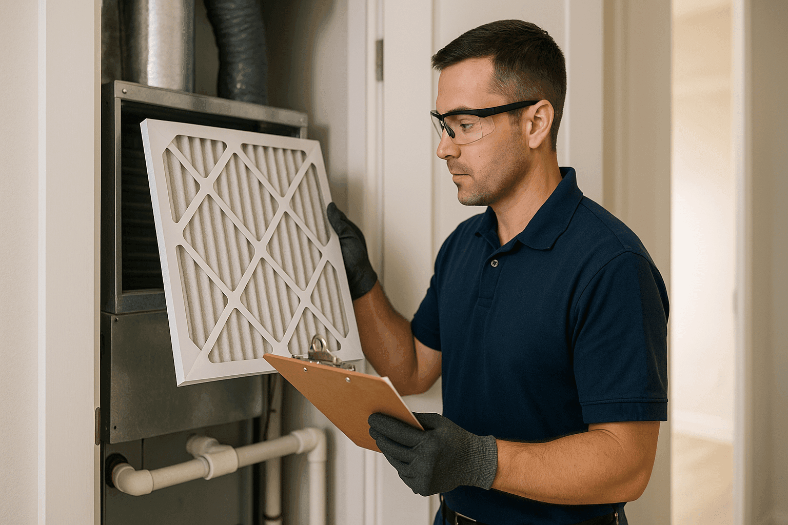 Technician checking HVAC filter on home maintenance visit