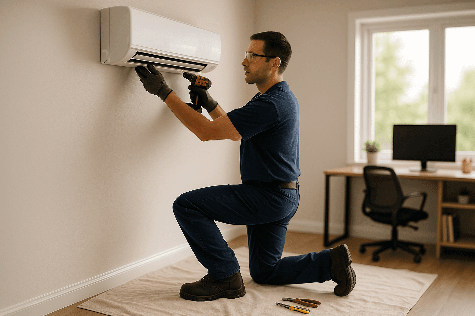 Technician installing ductless mini-split unit in home office