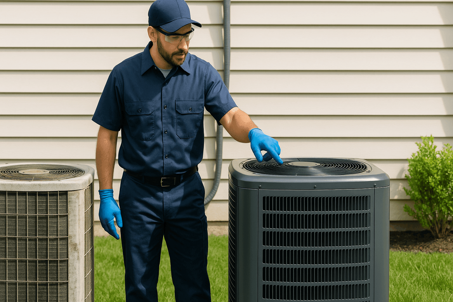 Old and new HVAC units side by side in residential yard