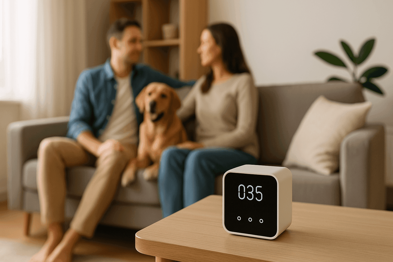 Air quality monitor in living room with family and dog in background