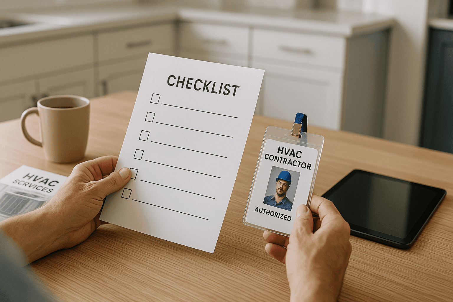 Homeowner reviewing HVAC contractor credentials at kitchen table
